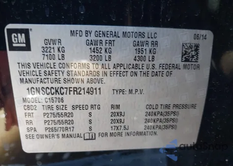 2015 Chevrolet Tahoe Ltz из США, поврежденный, VIN 1GNSCCKC7FR214911